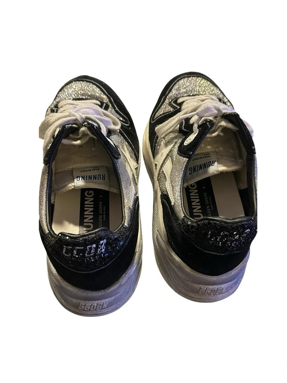 Golden Goose Running Sneakers BLK/SIL Glitter Lived-In/Distressed Luxe Sz 38 / 8